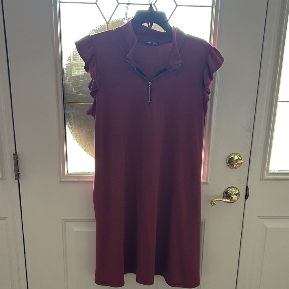 Heimish USA Burgundy Knee Length Dress with Ruffle Sleeves and Pockets